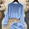 Autumn Women Sweet Mohair Knit Sweater Suit O Neck Long Sleeve Pullover Tops+High Waist Bodycon Pencil Skirt Lady Solid Two Piece Set