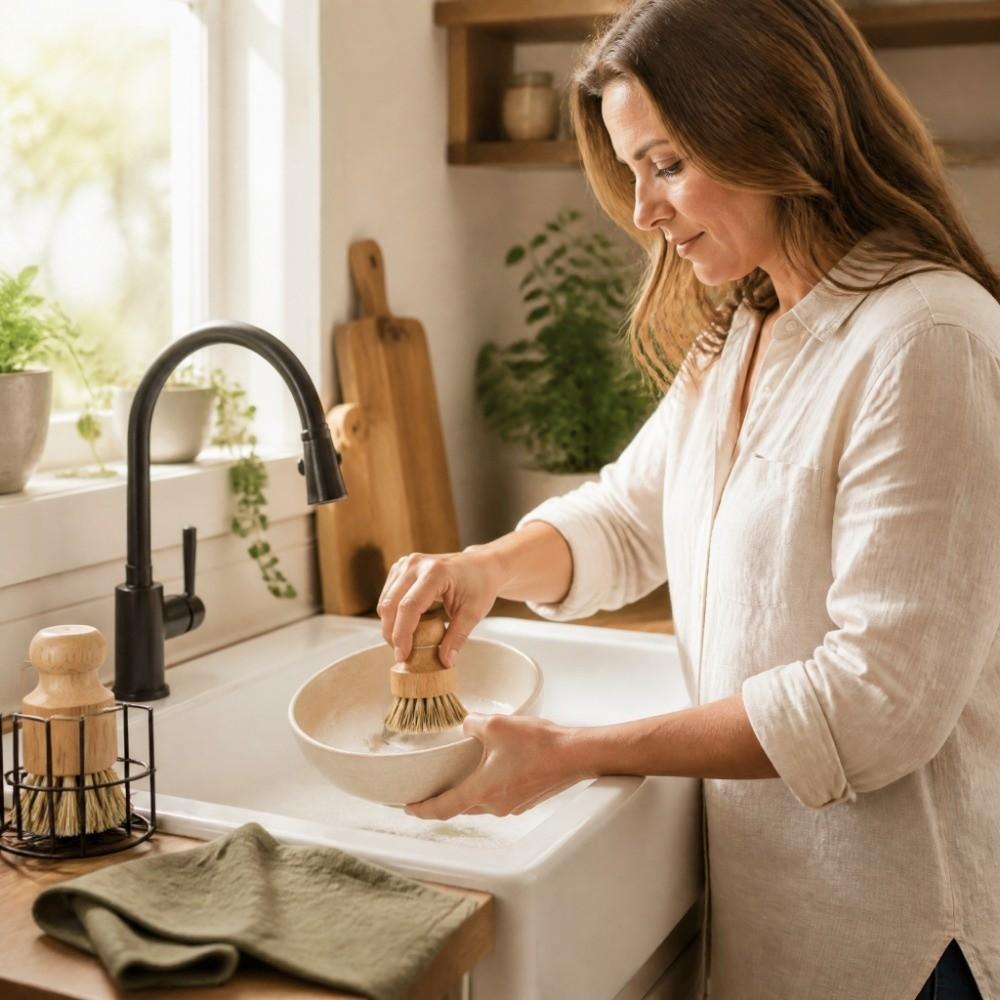 with stand Dishes Cleaning Brush Wooden Handle Wooden Dishwashing Brush Kitchen Accessories
