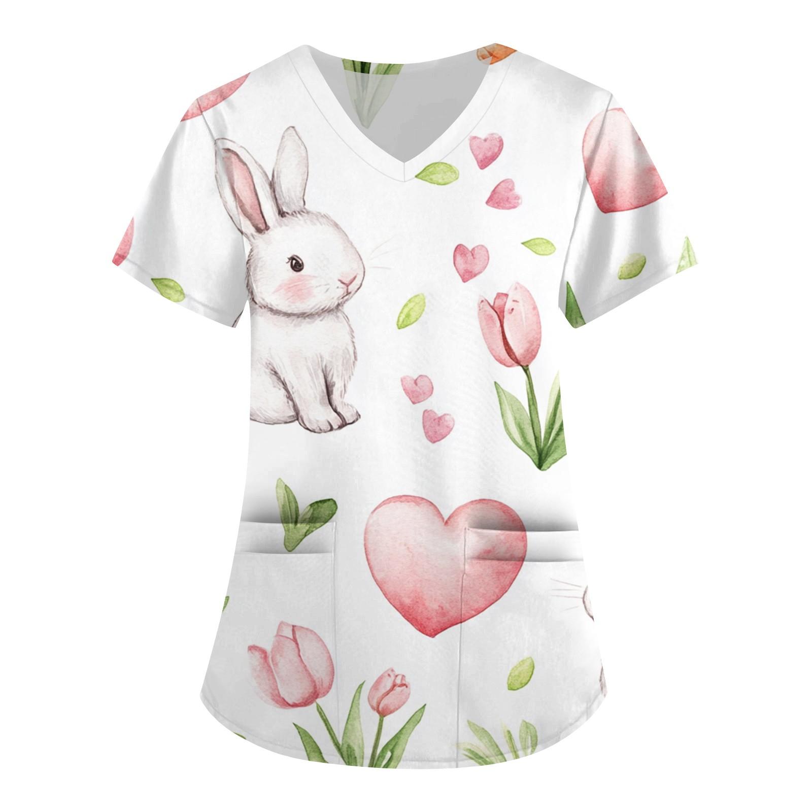 

Женская модная рабочая одежда с V-образным вырезом и короткими рукавами, с карманами, с принтом в виде пасхального топа, одежда для ухода L