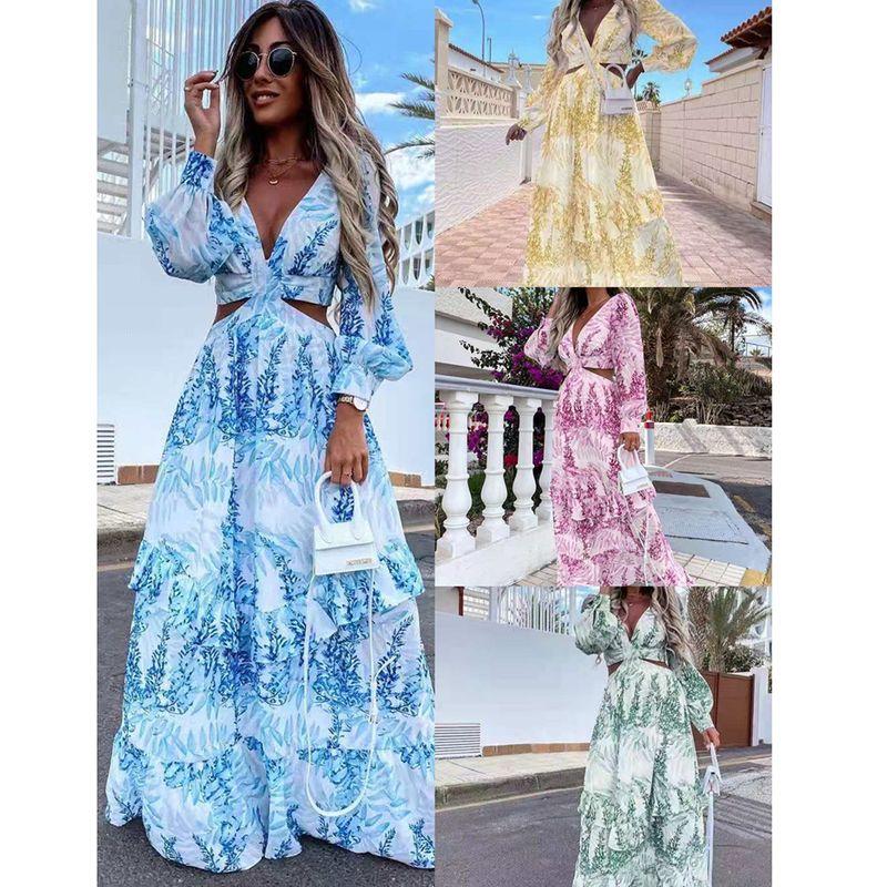 

Amazon Fashion Style Street Fashion Women s Wear Spring New Long Printed V-neck Long Sleeves Elegant Dress Women Pink XL