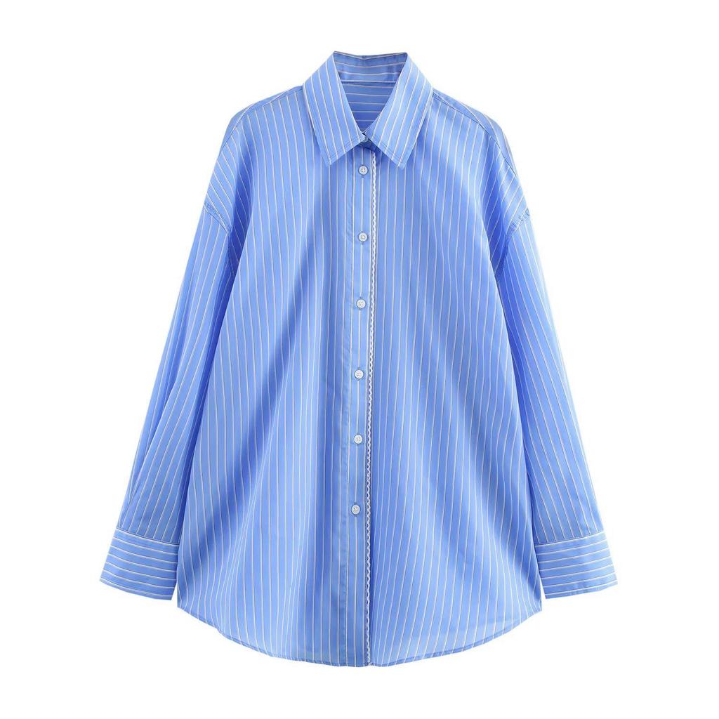 2025 Spring Women's Versatile Striped Cotton Lapel Shirt