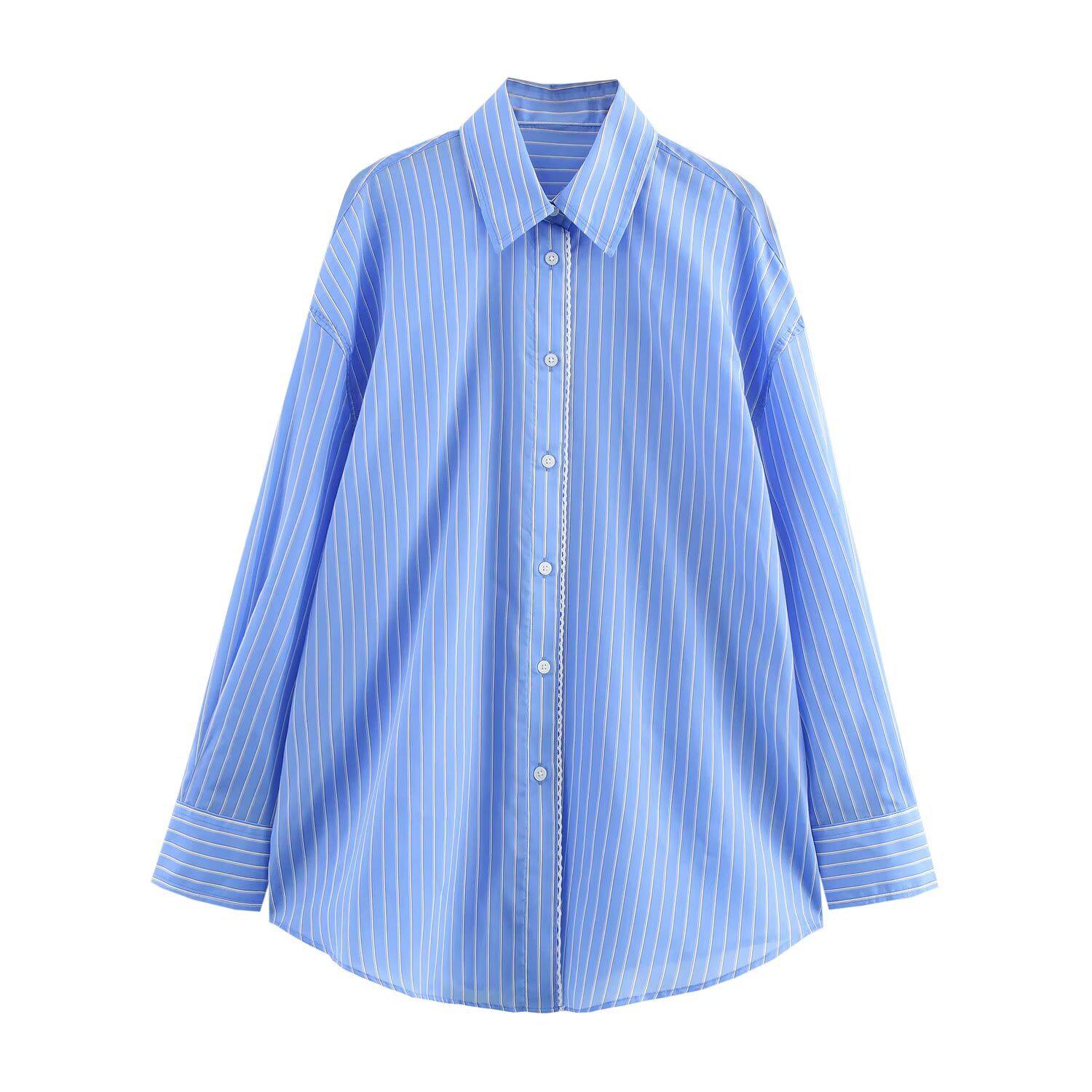 

2025 Spring Women s Casual Lace Patchwork Striped Shirt Medium