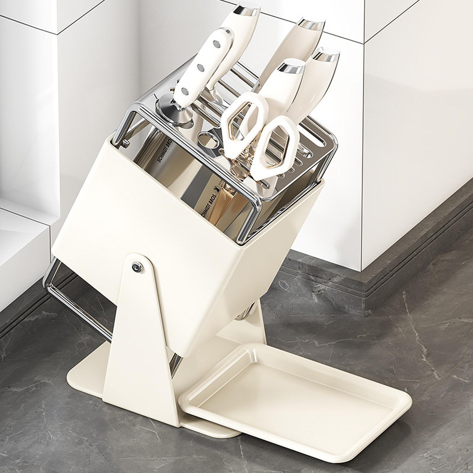 

Knife Block Rack Non Slip Swivel Multiple Slots with Scissors Slot Multifunctional Knives Drain White