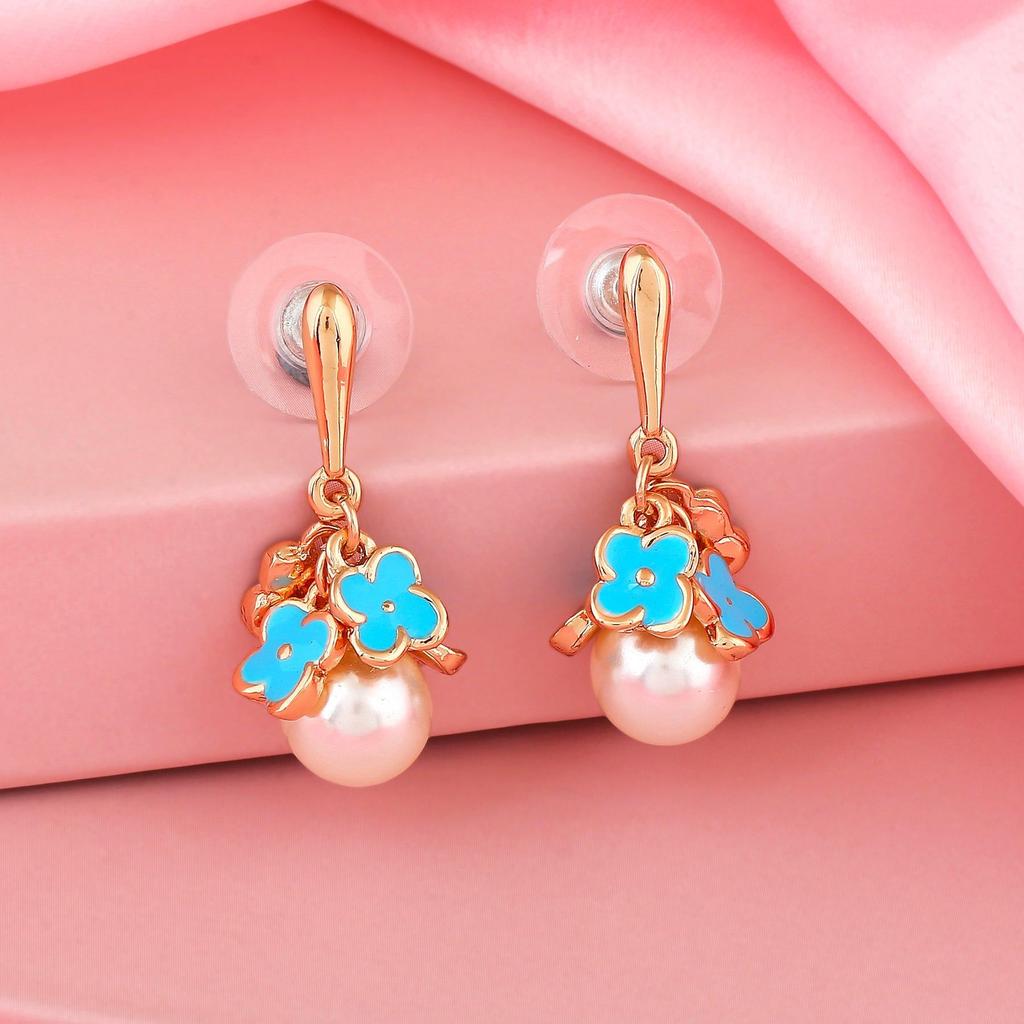 Estele Rose Gold White Enamel Flower Drop Earrings For Girls Women