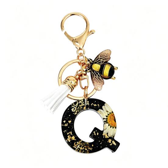 Dried Flower Letter Charm Bee Keychain Pendant Resin Black 1 Pc