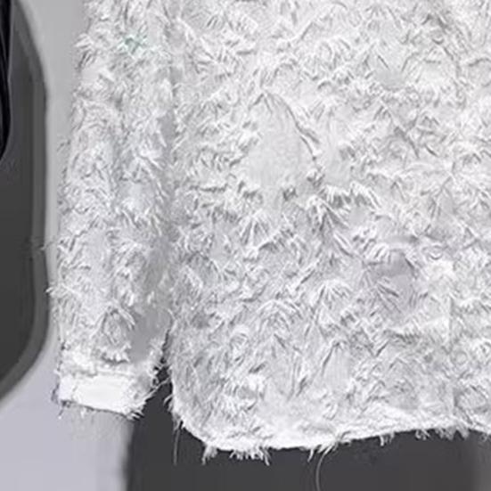 Men Shirt Long Sleeve Solid Color Fuzzy Tassel Button-down Cardigan Mid Length