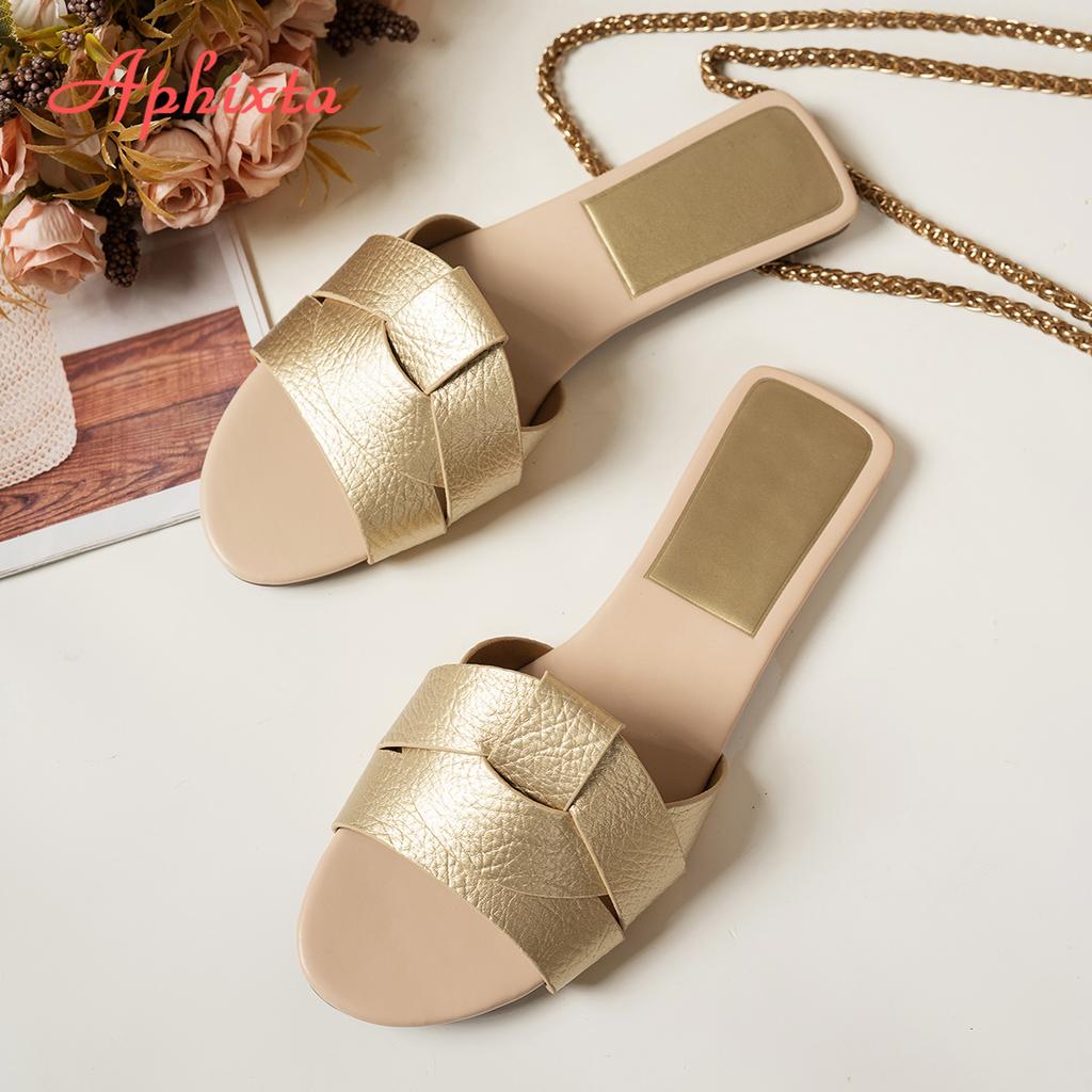 Aphixta Gold Weave Design Women Flat With Slippers Summer Beach Slides Flat Slippers Colorful Bohemian Ladies Shoes