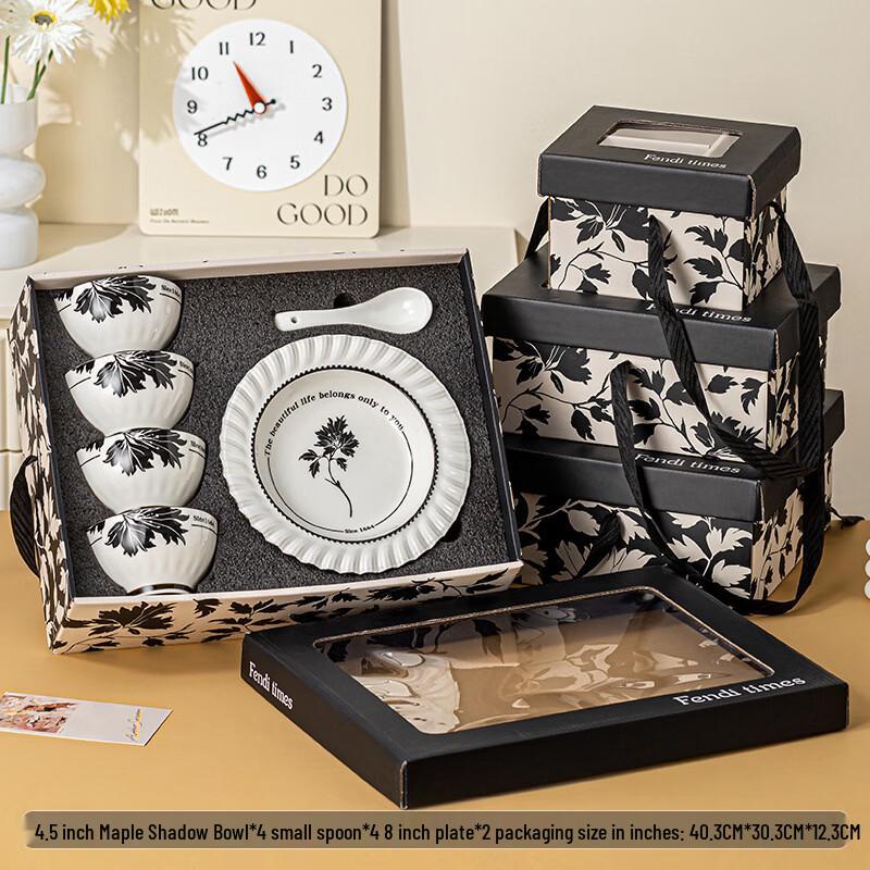 Ink Black Maple Leaf 10-Piece Ceramic Dinnerware Set