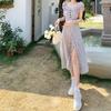 French retro Mori high-end chic dress summer short-sleeved wooden ear edge foreign style solid color split skirt
