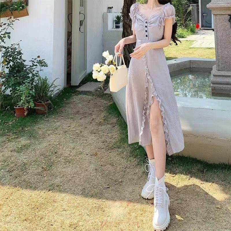 French retro Mori high-end chic dress summer short-sleeved wooden ear edge foreign style solid color split skirt