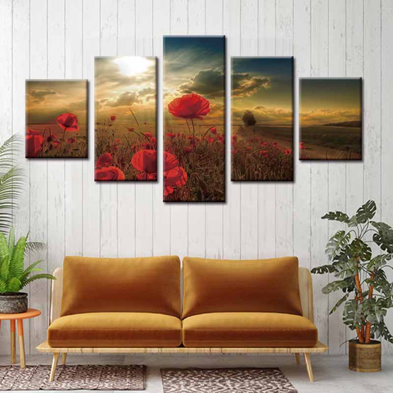 5 шт. пейзаж мать-природа красный цветок мака холст живопись настенные художественные — фото 3