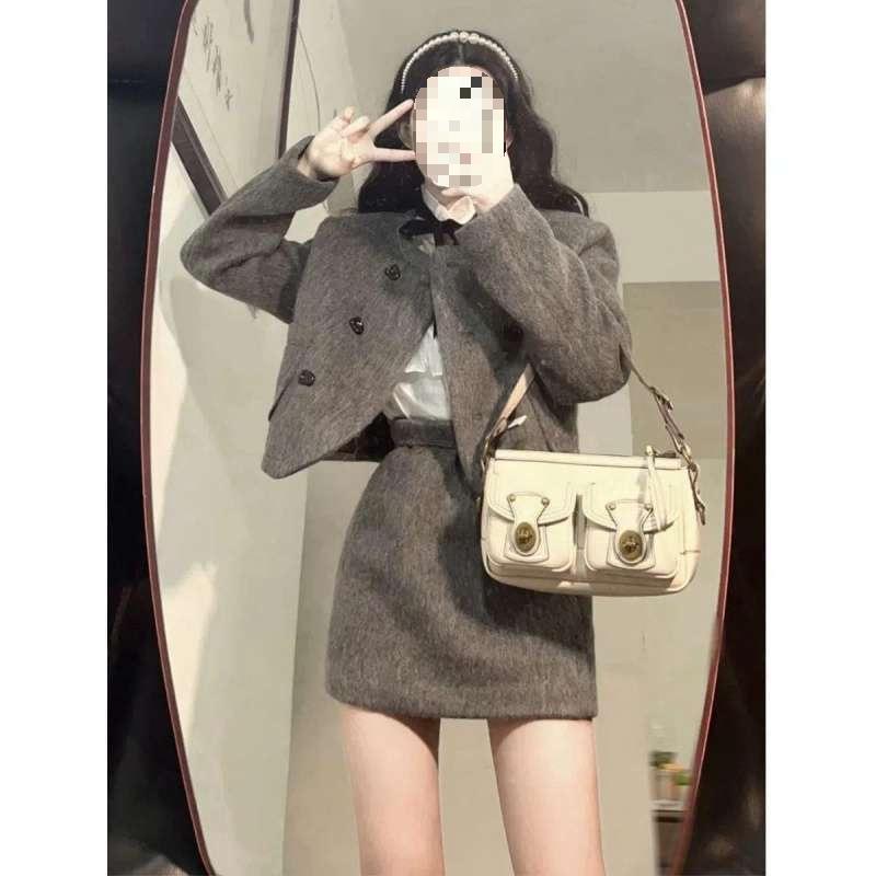 Elegant Socialite High-End Wool Suit Skirt Set - Short Jacket and Skirt for Women