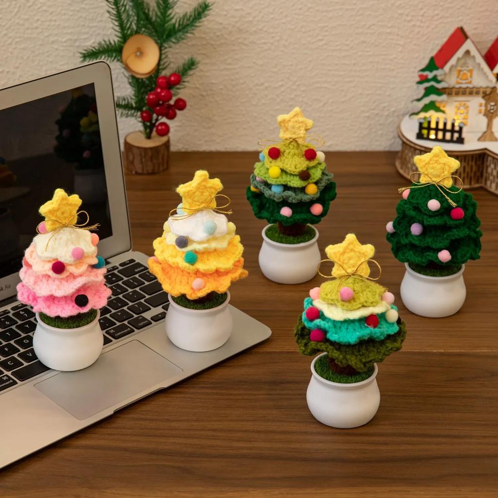 Mini Crochet Christmas Tree Potted Christmas Accessories Creative Handmade Plant Car Table Decor