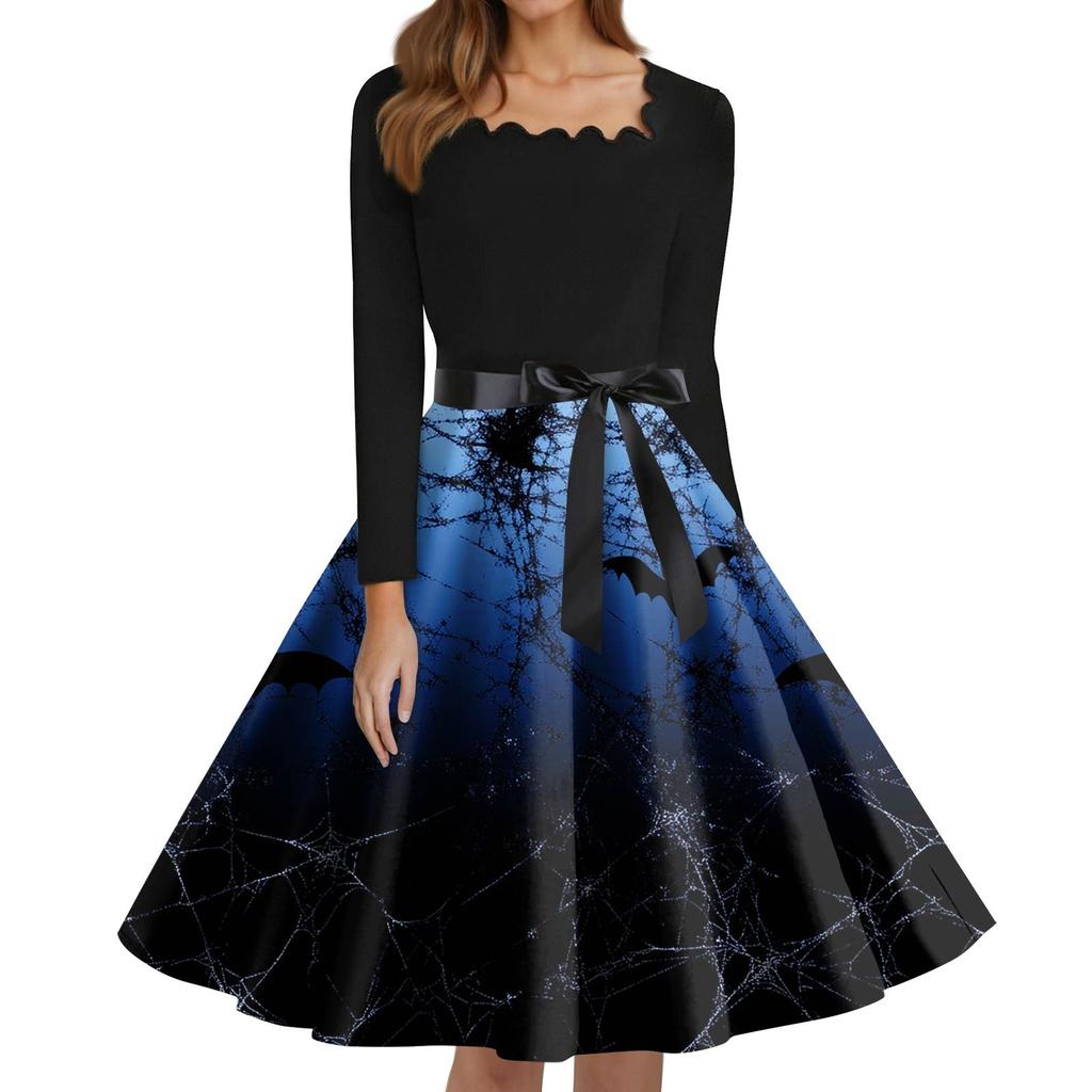 Women's Fashion Square Neck Casual Slim Halloween Printed Long Sleeve Dresses