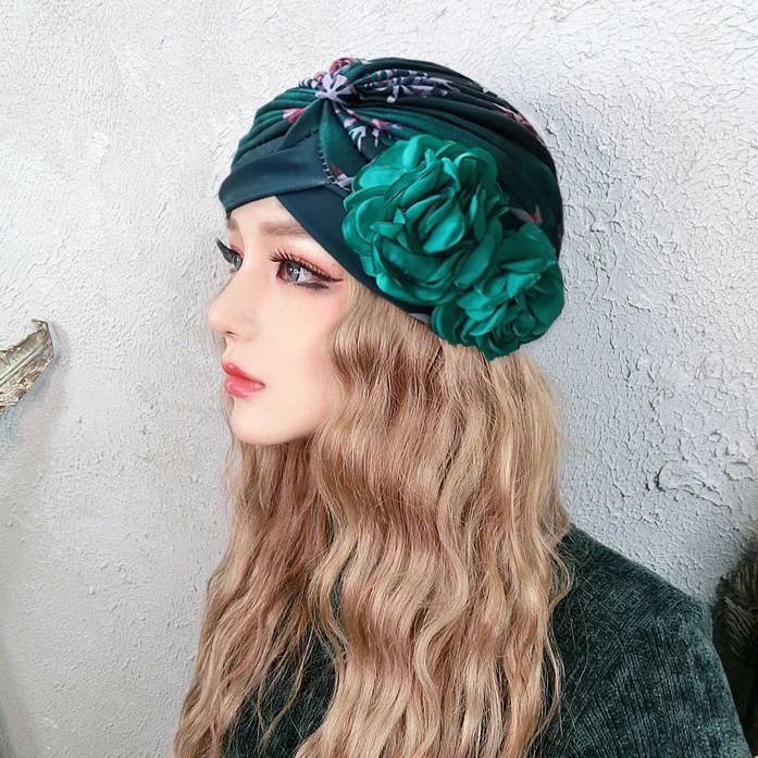 Spring and Summer Sweet Big Flower Headgear Retro Pullover Hat Female Dancing Confinement White Hair Headgear Travel Headscarf Hat