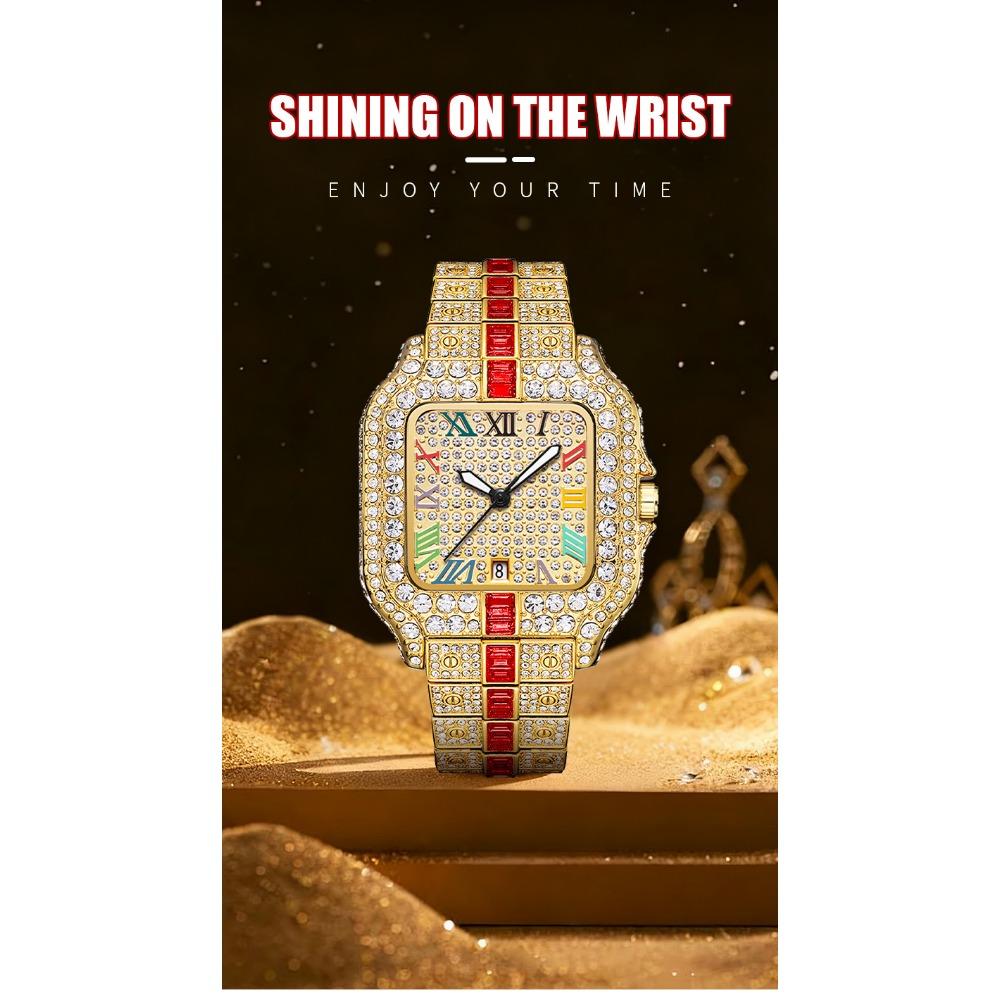 Hip Hop Iced Square Quartz Watch for Men Full Diamond Calendar Luxury Watch