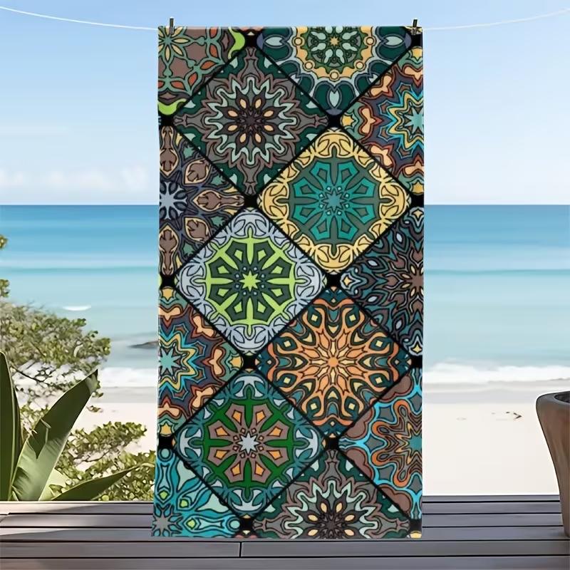 

Summer Boho Moroccan Tile Beach Towel Vintage Green Brown Geometric Mosaic Print Soft Absorbent Quick Dry Towel for Beach W30*H60(CM)