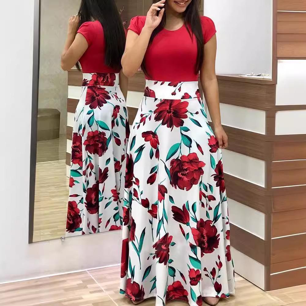 European & American Style Long Skirt with Digital Print, Color-Matched, Long/Short Sleeve Dress for Women