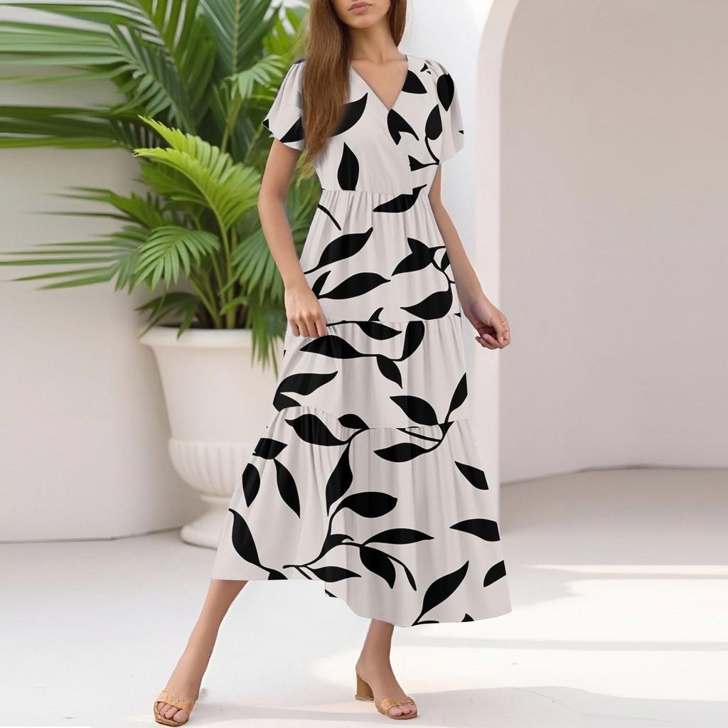 Ladies Summer Casual Fashion V-Neck Ruffle Sleeve Floral Print Midi Dress