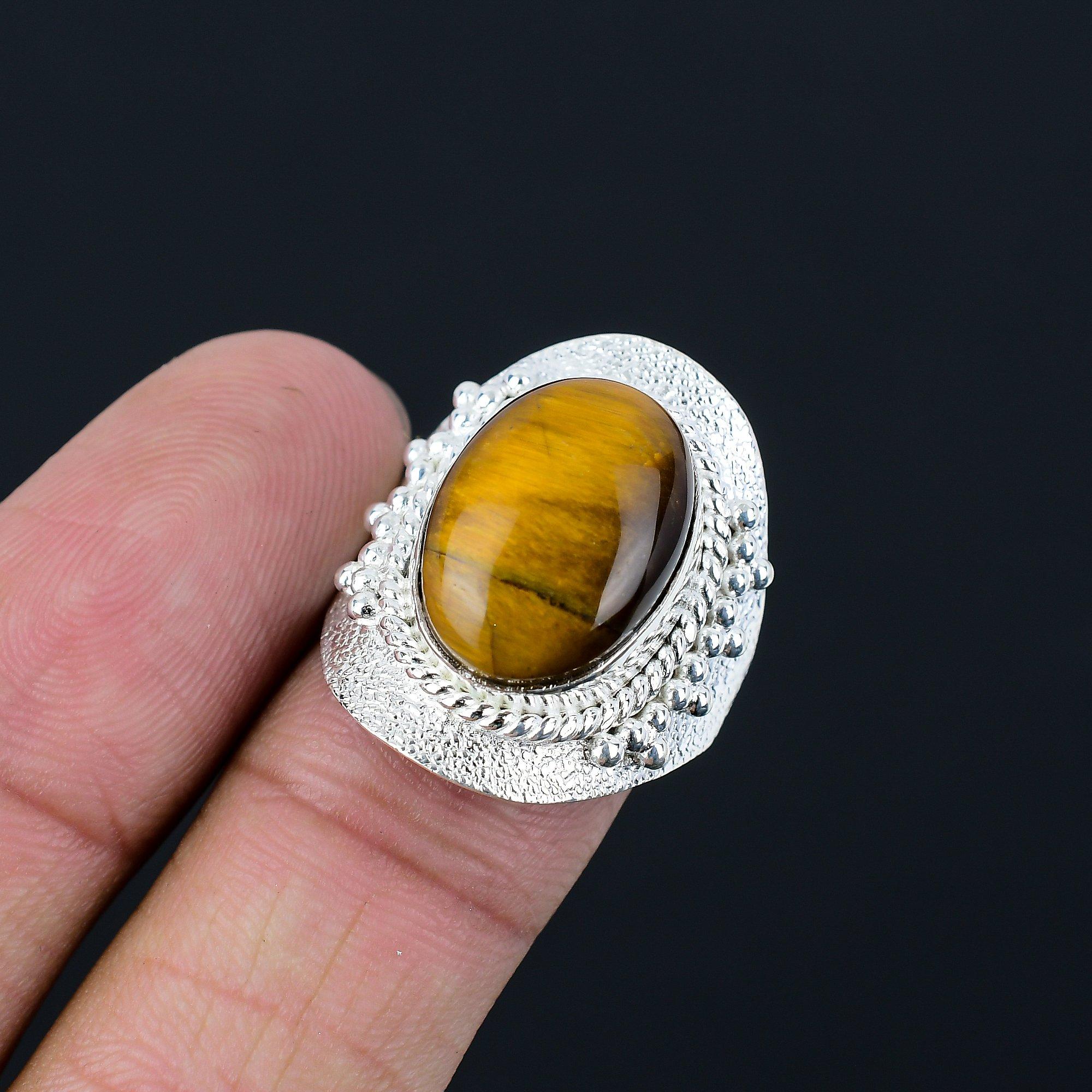 Oval Tiger Eye Gemstone Daughter Wedding Statement Ring Size 7 Sterling Silver 7