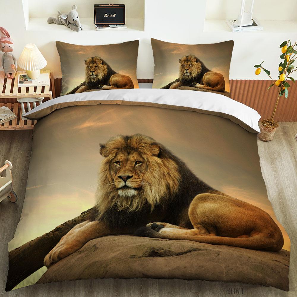 Tiger Lion Leopard Duvet Cover Set Animal Theme 3D Bedding Set King Queen Size For Kids Boy Girl Teens Polyester Comforter Cover