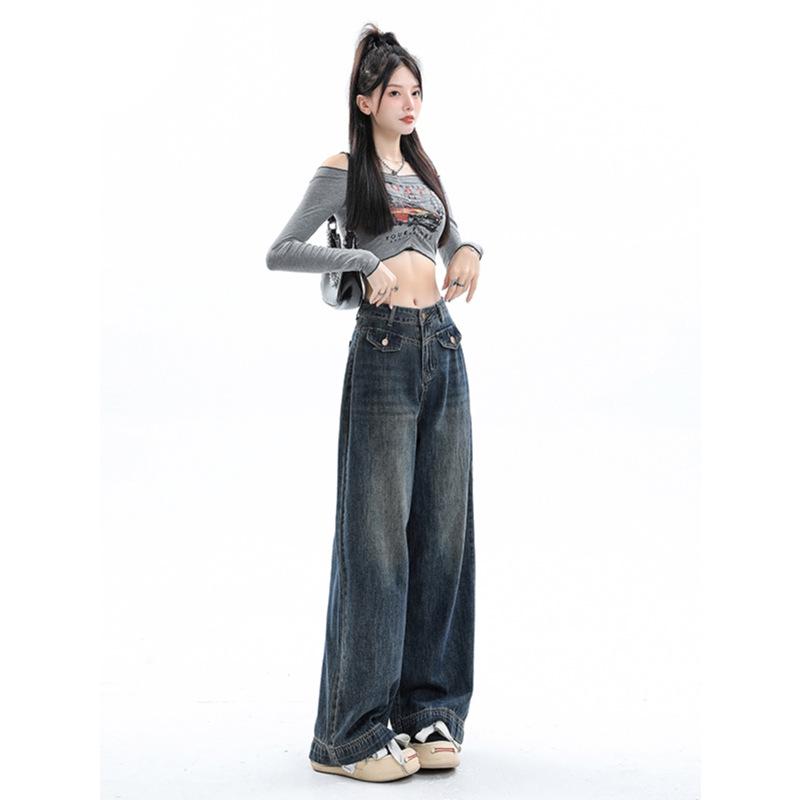 Autumn 2024 Women's High-Waisted Retro Wide-Leg Jeans for Pear-Shaped, Slimming Floor-Length Pants