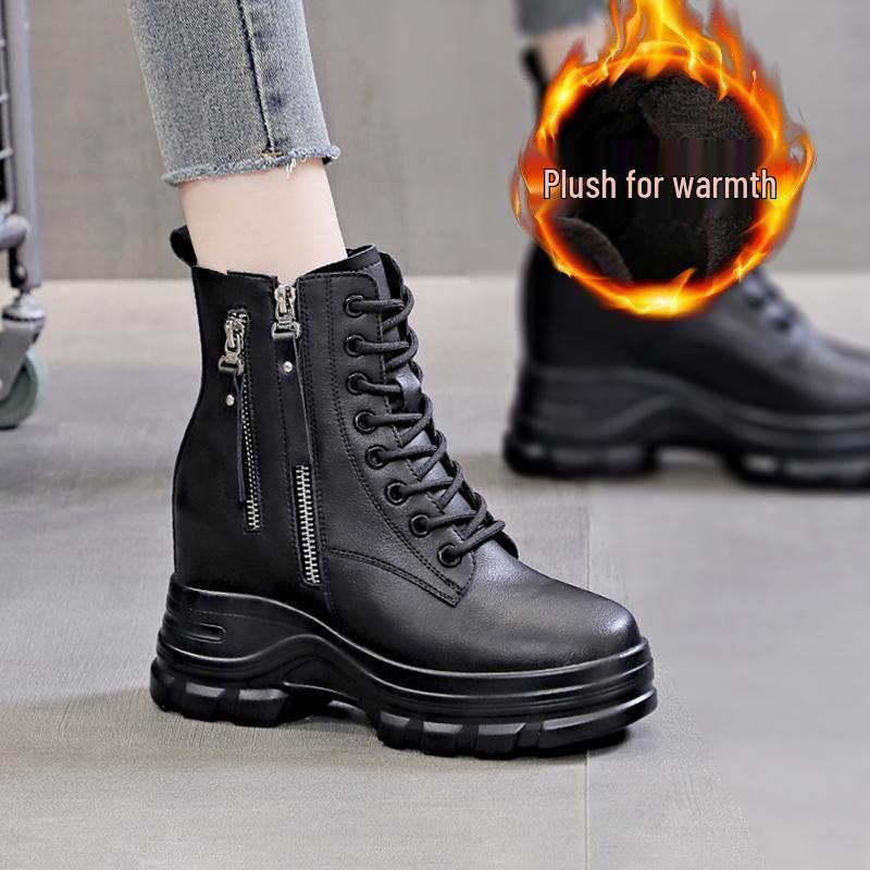 

2025 Осень Женские Ботильоны Мартин из Натуральной Кожи на Скрытом Каблуке - Универсальный Стиль с Толстой Подошвой для Миниатюрных Размеров. 35