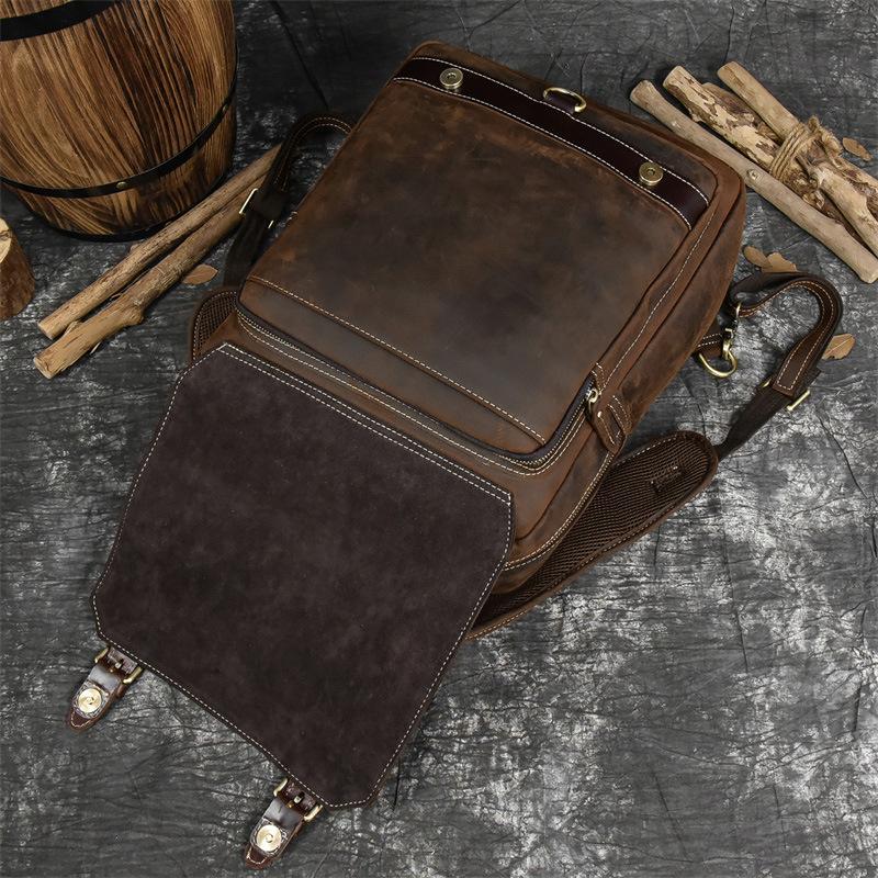 Men'S Genuine Leather Backpack Crazy Horse Leather Retro Flip Backpack First Layer Cowhide Student Schoolbag Going Out Travel Bag