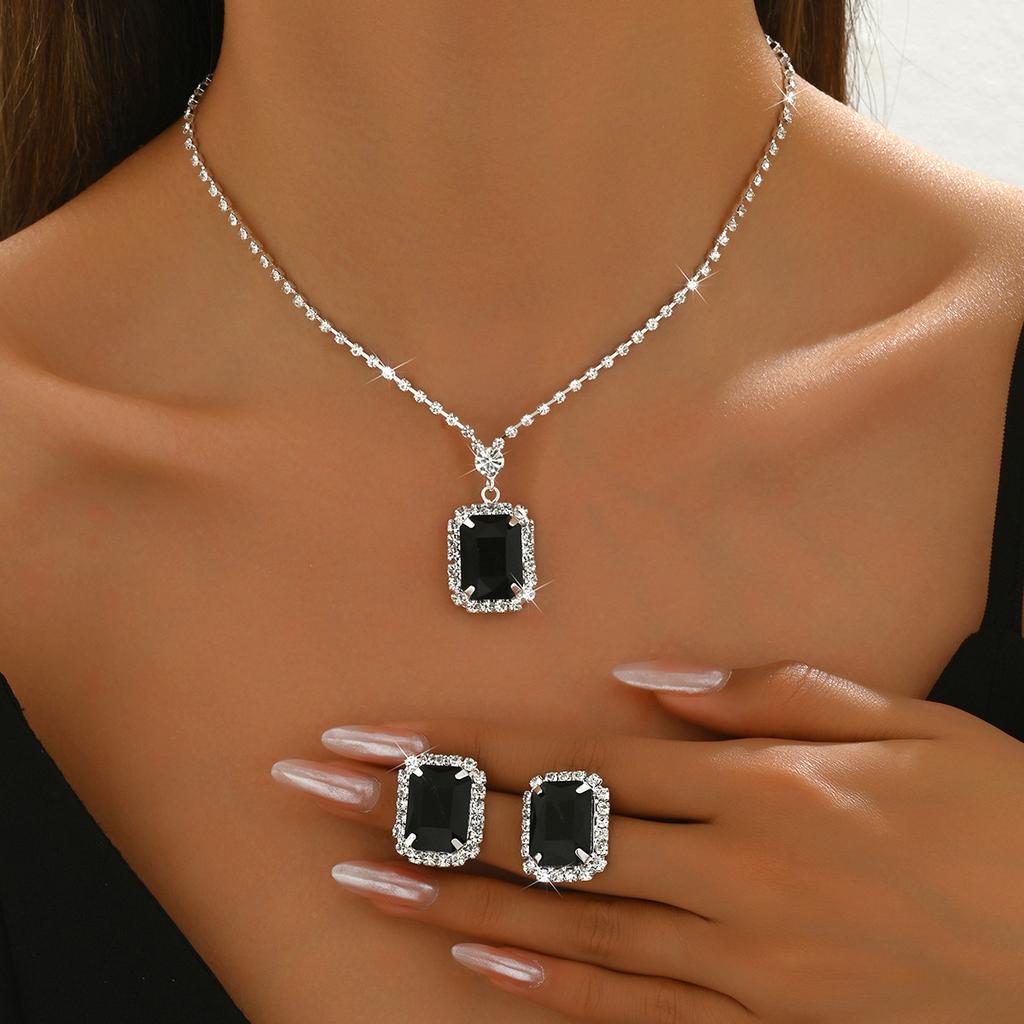 Square Water Drop Jewelry Two-Piece Necklace Earrings Square Pendant