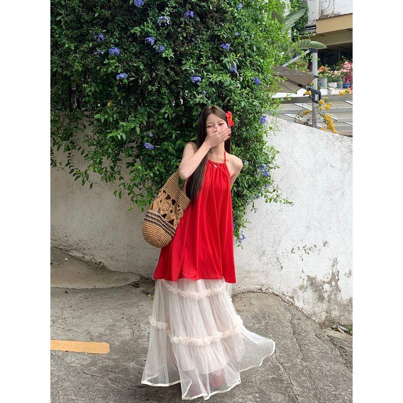 Kumikumi Gentle Sweet Girl Set Red Hanging Neck Cami Women Clothes Summer Mesh Skirt Two-piece Set