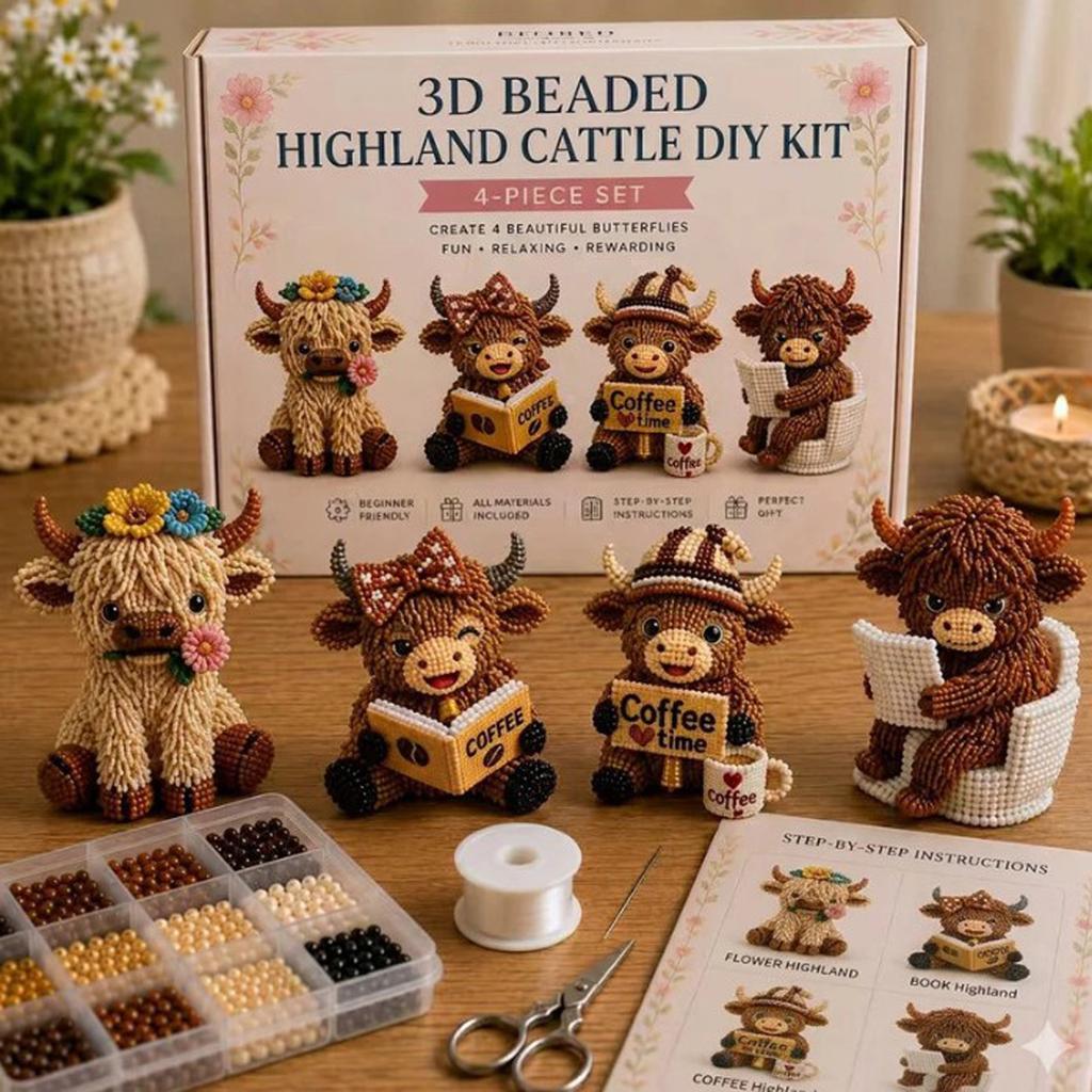 3D Beaded Highland Cattle DIY Kit 4-Piece Set Handmade Craft Kit Includes Detailed Instructions for Creating Small Decorative Figurines