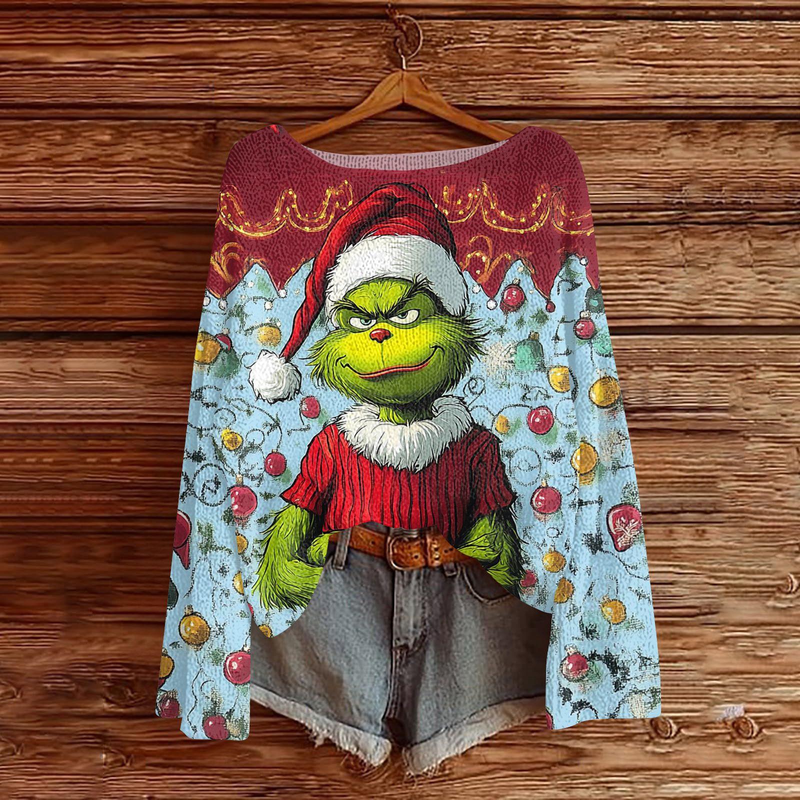 

Рождественские толстовки для женщин Вязаный свитер Милая рубашка Осенний свитер с круглым вырезом Топы XL винный