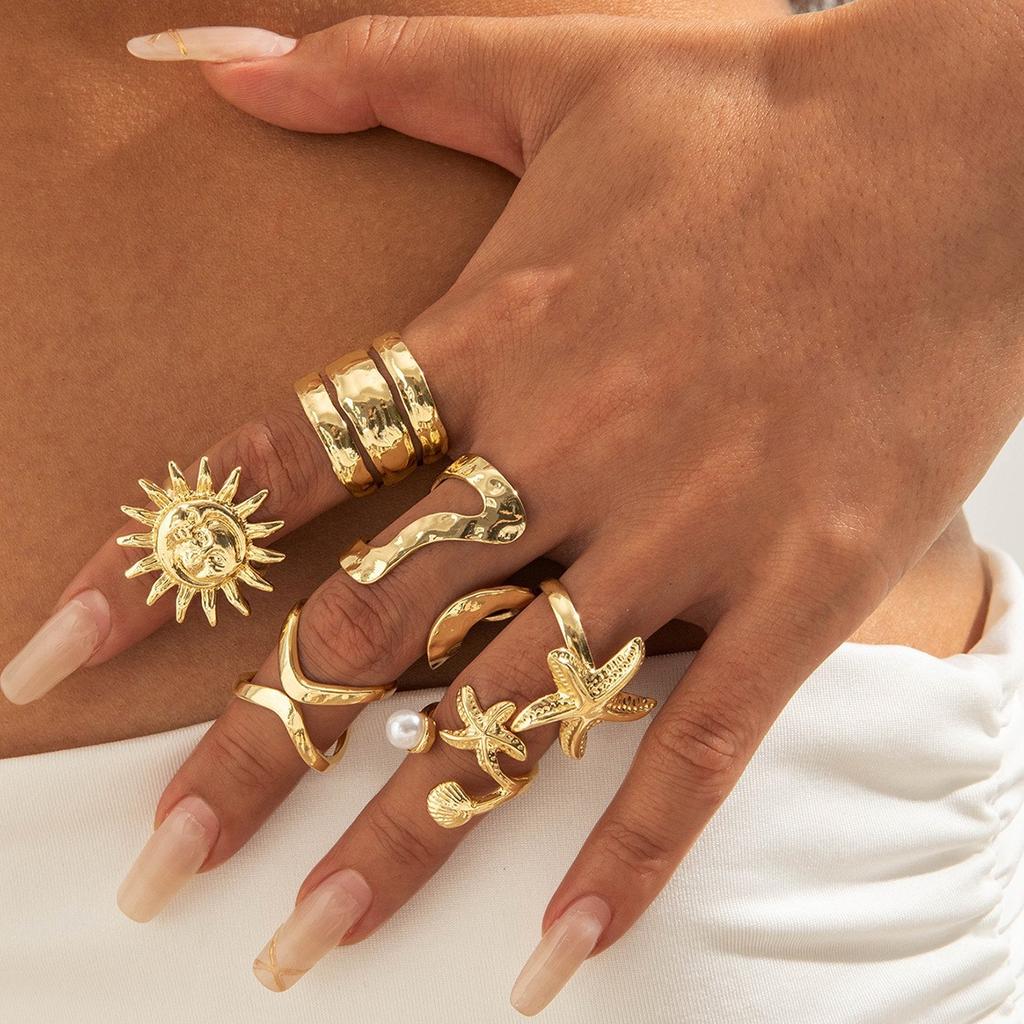 Bohemian Starfish Ring Set, Geometric Hollow Sun Flower Ring Ring for Women