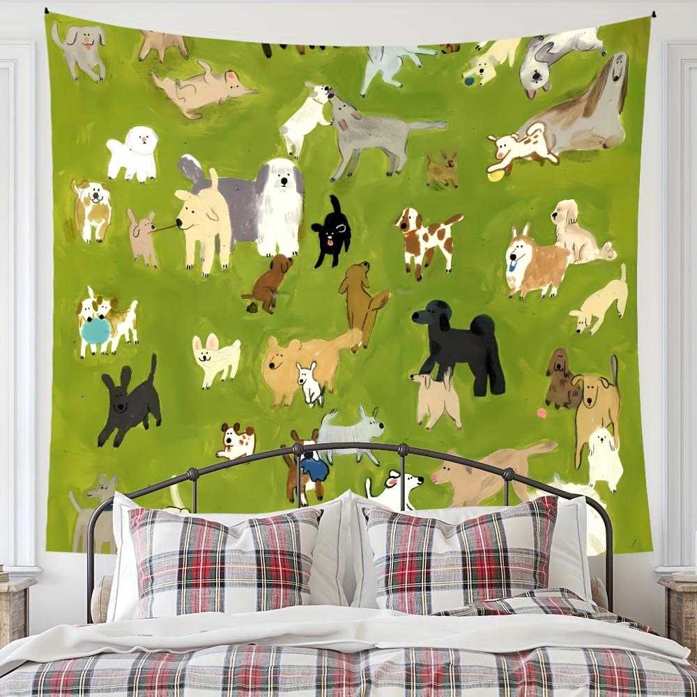 VIKAMA Cartoon Pet Tapestry Fresh Green Background with MultiBreed Dog Design Living Room Sofa Backdrop Wall Room Decor