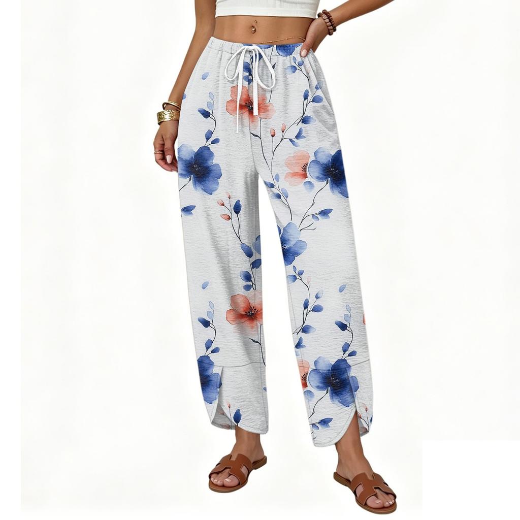 Women's Casual Straight Leg Wide Leg Drawstring Print Pants