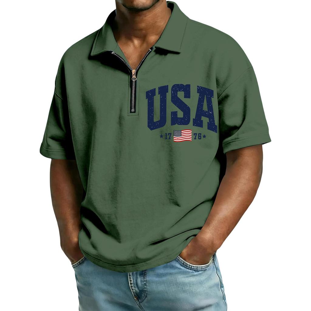 Men’s Short Sleeve Polo Shirt with Half Zip Collar USA Letter Print and Flag Embroidery Casual Fit Top