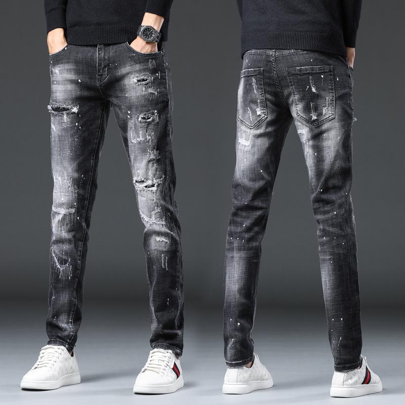 

Джинсы Slim Fit Elastic Distressed Paint Splatter Style с вышивкой, модные мужские уличные джинсы в гонконгском стиле для мужчин 32 30 бездна