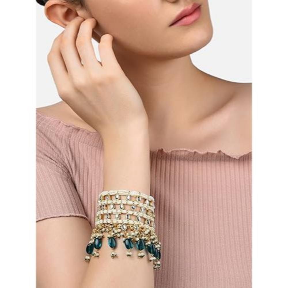 Green Beads Traditional Kundan & Pearls Bracelet For Women