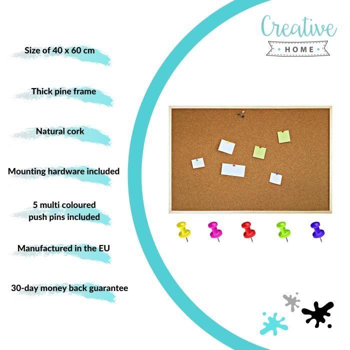 Tableau Liège Mural - CREATIVE HOME - 60 X 40 Cm - Cadre En Pin - Panneau Épingles - Bureau, Cuisine, Chambre