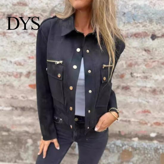 Women Jacket Autumn Spring Coat Flap Pocket Zipper Decor Turn-down Collar Long Sleeves Outerwear Single-breasted Buttons Cargo Style Daily Wear