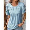 Summer Women's Round Neck Solid Color Pleated Short-sleeved Lace Casual T-shirt Shirt