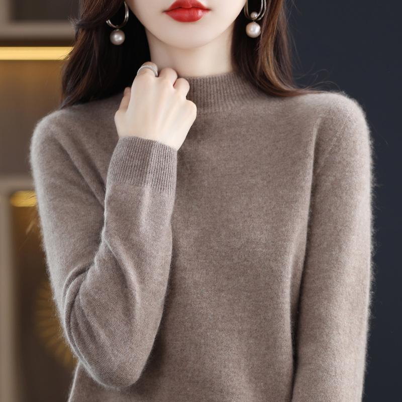 Women's Seamless Knit Half-High Neck Pullover: Loose, Slim-Fitting, Long Sleeve Sweater for Autumn/Winter