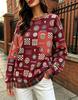 Women Crew Neck Fleece Sweatshirt Vintage College Badge Plaid Patchwork Print Long Sleeve Loose No Hood Warm Pullover