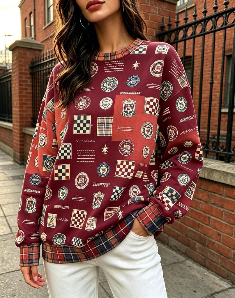 Women Crew Neck Fleece Sweatshirt Vintage College Badge Plaid Patchwork Print Long Sleeve Loose No Hood Warm Pullover