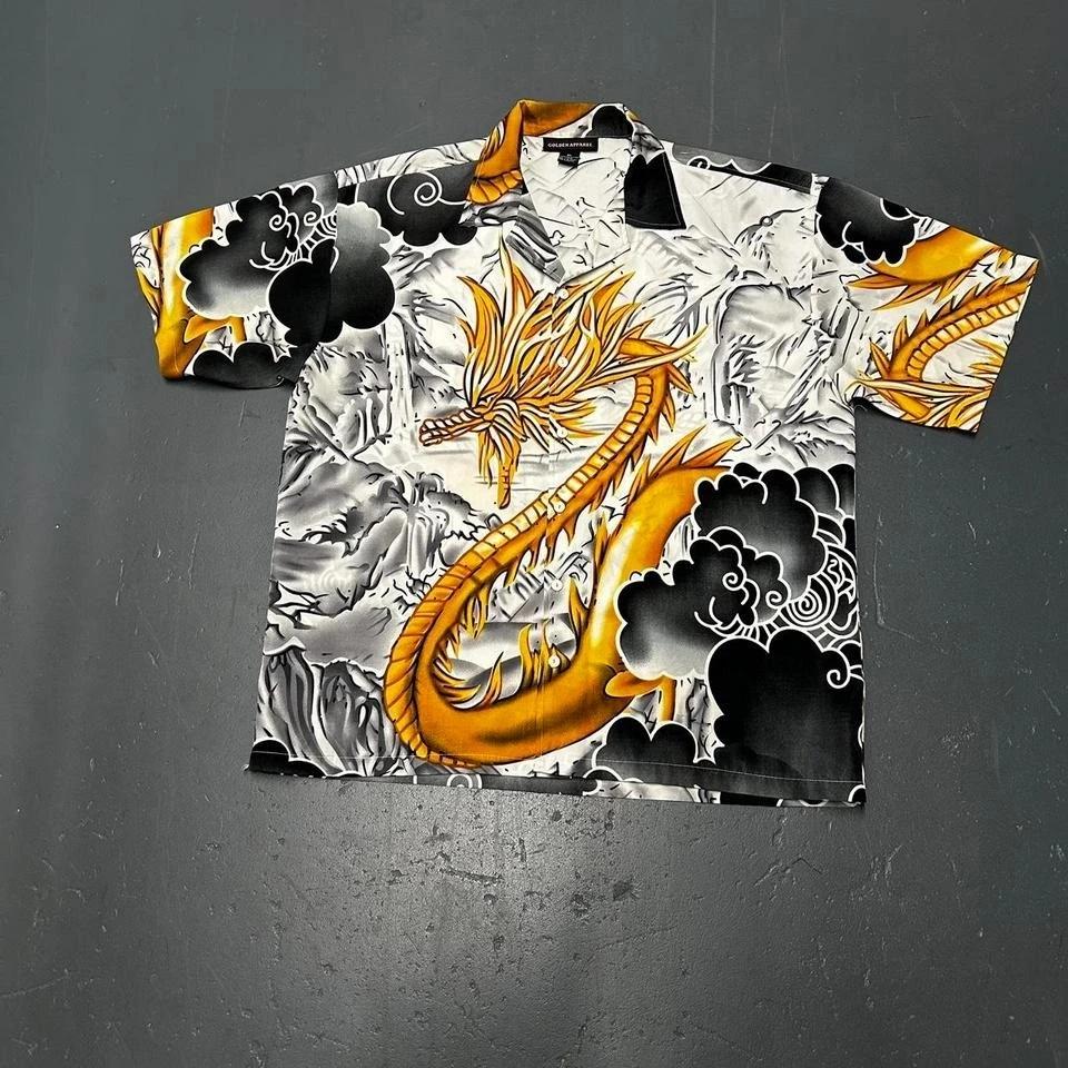 

Vintage y2k black grey and yellow dragon all over print skater button up shirt L