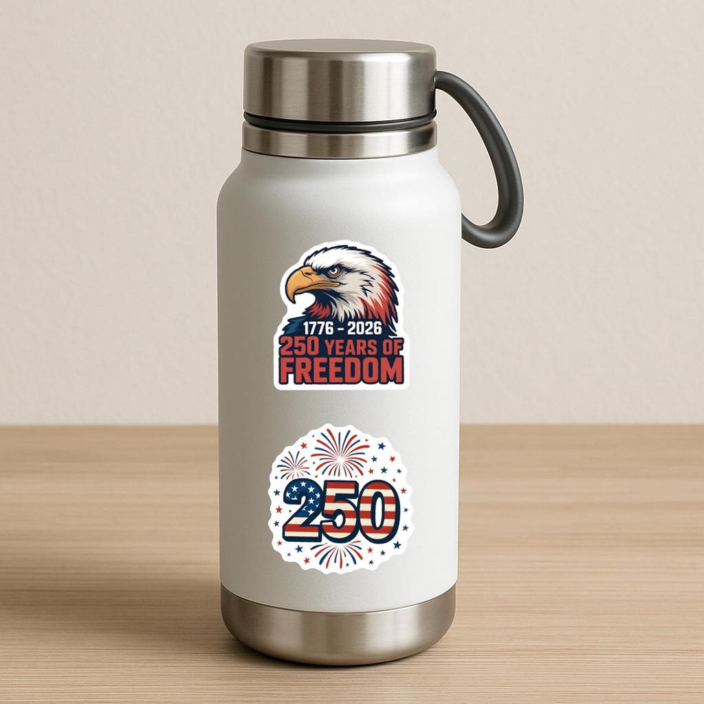 USA 250th Anniversary Stickers: 55 Sheets for Water Cups & Skateboards