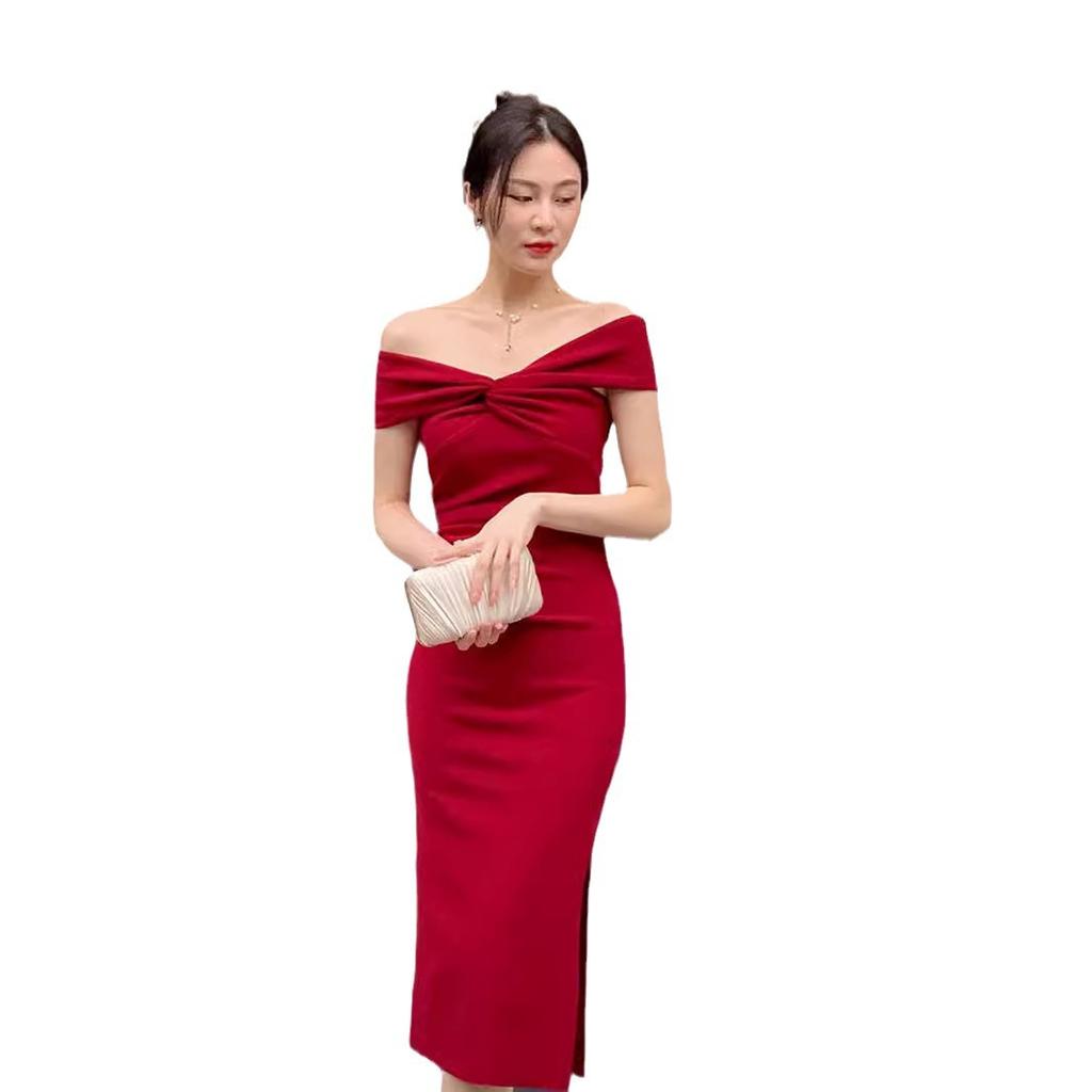 French white one-word shoulder off-the-shoulder evening dress registration and receipt of Hepburn style pleated slim-fitting hip-wrapped