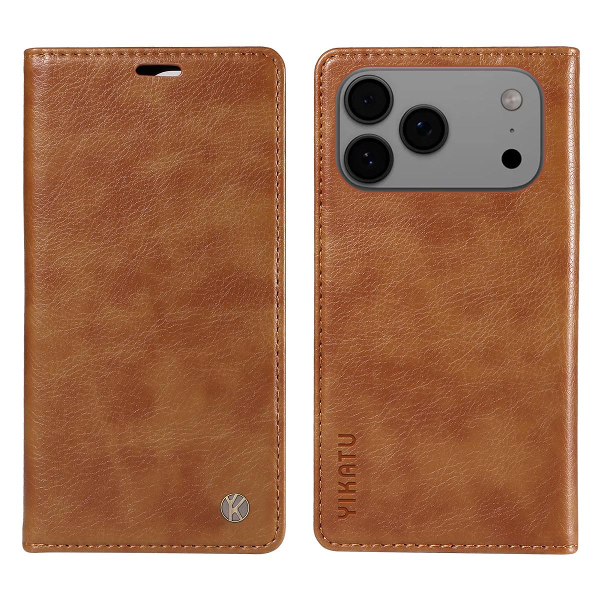 

For iPhone 17 Pro Max Wallet Case YIKATU YK-006 Magnetic Closure Leather Phone Cover Litchi Texture Brown