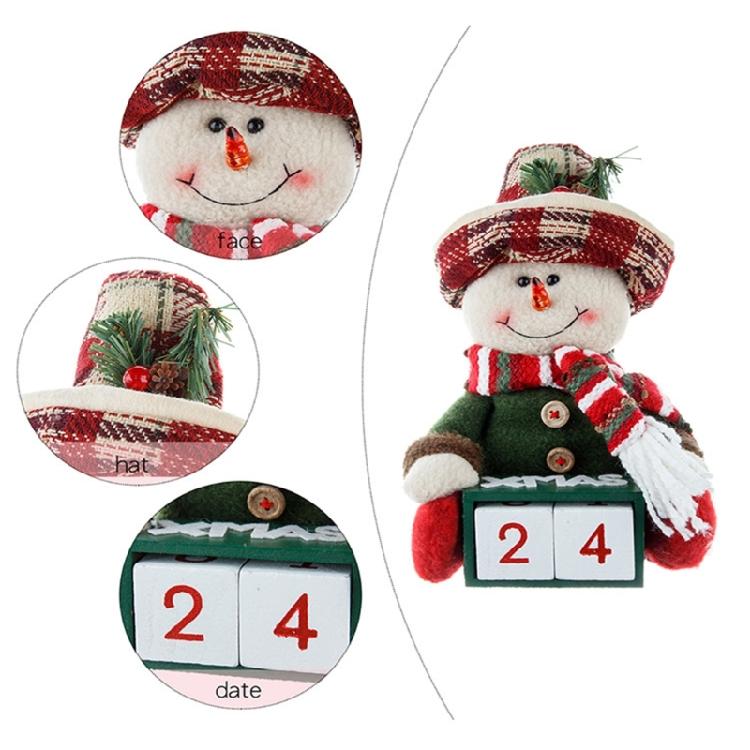 Santa and Snowman Plush Figurine Wood Christmas Count Down Calendar with Number Square Farmhouses Tabletop Ornament Gift