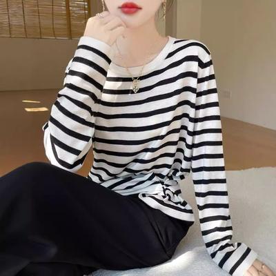 Autumn New Breathable and Refreshing Thin Loose Casual Round Neck Long-sleeved T-shirt Coastline Striped Knitted Sweater